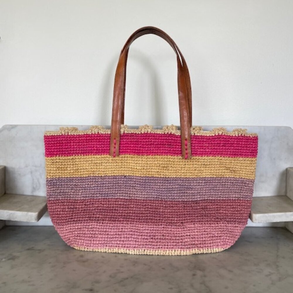 MAR Y SOL Allegra Raffia Woven Large Tote Bag Pink Purple Stripe - Picture 3 of 15